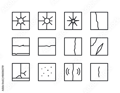 Cracked Windows Icons. cracked windows. Line icon set of cracked windows: window impact hole, circular fracture, starburst crack, long vertical crack, long