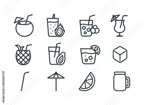 Exotic Drink Icons. Exotic drinks. Line icon set of Exotic drinks: coconut drink, dragonfruit smoothie, lychee drink, tropical cocktail, pineapple cup, papaya
