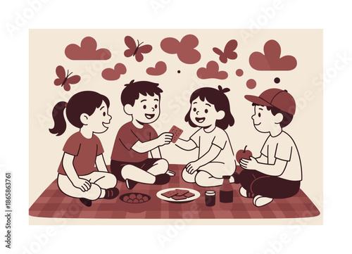 Blissful Playtime Picnic. Playtime picnic. Kids share snacks on a blanket as butterflies and soft shapes float above, creating a gentle, cheerful moment.