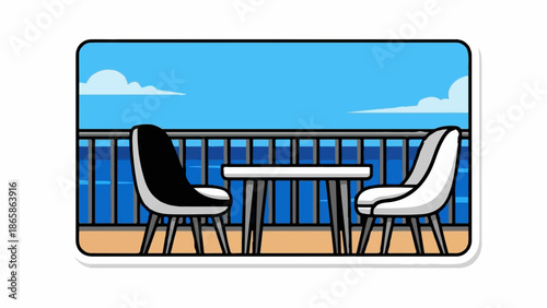 Two chairs and table on deck overlooking ocean with cloudy blue sky