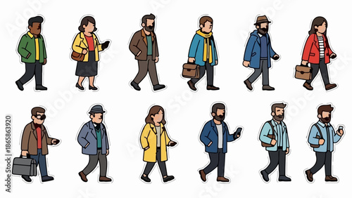 Diverse group of people walking, carrying briefcases, and using phones