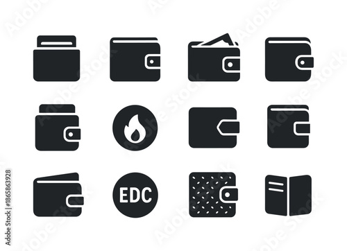 Everyday Wallet Icons. Everyday carry wallets. Solid icon set of Everyday carry wallets: compact cardholder, durable leather, essential cash slot, coin zip,