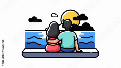 Couple embracing by the ocean at sunset, watching the sun set