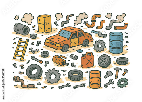 Colorful Scrapyard Doodle. Scrapyard wasteland. Colorful Hand-drawn doodle Children illustration Scrapyard wasteland metal scraps, old wheels, broken
