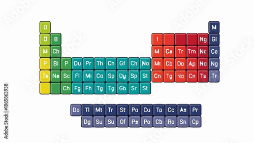 A colorful representation of the periodic table of elements with distinct blocks