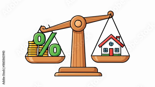 A balance scale weighs coins and percentage symbols against a house