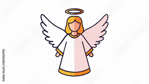 A stylized, flat illustration of an angelic figure with a halo and wings, rendered in pastel colors