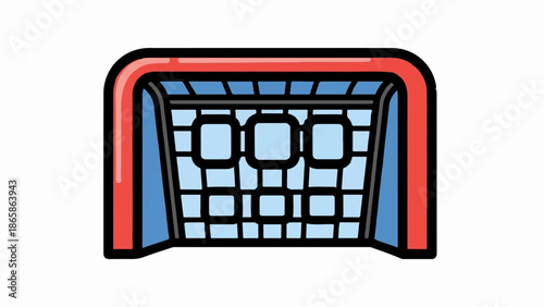 A simple stylized illustration of a hockey goal net with a red frame and blue netting