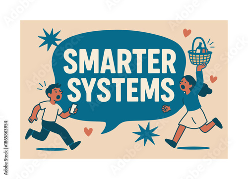 Smarter Systems Chaos. Smarter Systems banner, flat vector illustration, bold oversized text inside rounded blob, cartoon characters running and shouting