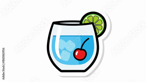 Refreshing blue drink with ice, cherry, and lime garnish in a glass