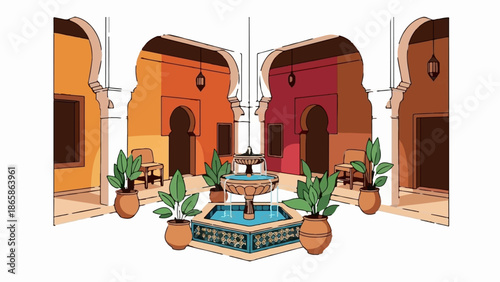 Courtyard with ornate fountain, plants, and arched doorways in warm colors