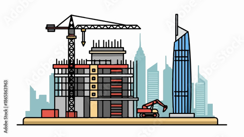 Cityscape with construction site, tower crane, excavator, and skyscrapers
