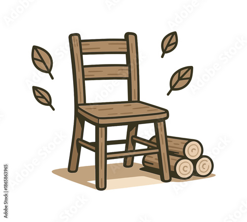 Countryside Chair Vibes. Vintage wooden chair. A rugged chair stands beside a small stack of logs, soft shadows forming cozy countryside vibes. Floating leaf