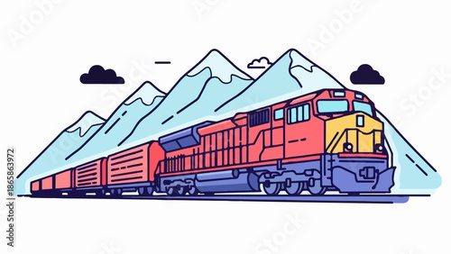 A vibrant, stylized illustration of a red and yellow locomotive pulling cargo cars through a snowy mountain landscape with dark clouds