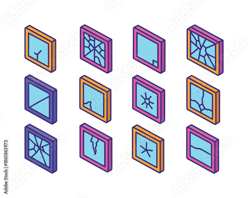 Colorful Cracked Window Icons. Cracked windows. Colorful isometric vector icons set of cracked windows: small crack, spiderweb crack, corner crack, shattered