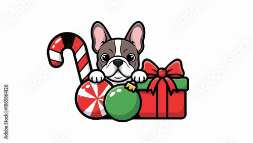 Cute French Bulldog with Christmas treats and gifts