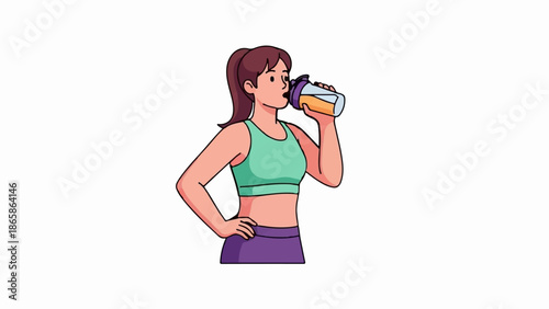 Woman in sportswear drinks from a shaker bottle