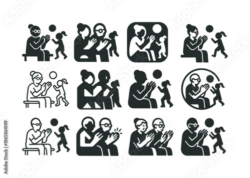 Grandparents Sports Icons. Grandparents attending kids' sports games. Icon set. Set Logo of Grandparents attending kids' sports games: sideline clapping.