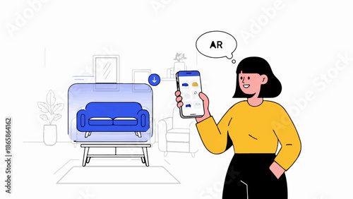 Woman uses augmented reality on phone to visualize virtual sofa in room