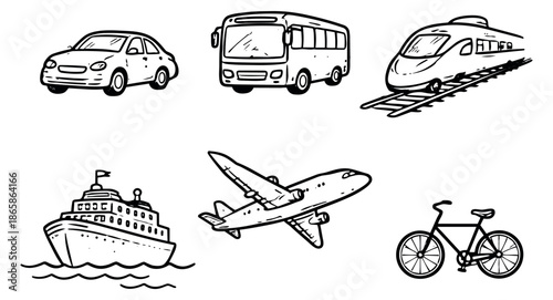 Hand drawn line art transport icons set featuring a car, bus, train, ship, airplane, and bicycle for travel and mobility concepts