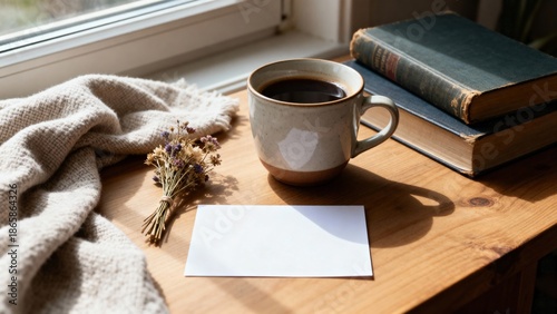 Cozy scene featuring a steaming cup of coffee beside a blank postcard, dried flowers, and stacked books on a wooden table, illuminated by natural light from a nearby window, creating a warm atmosphere