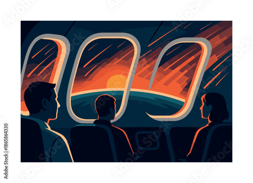 Re-Entry Sunrise Views. Re-entry views. Passengers watch glowing plasma ripple outside as the craft returns toward Earth, sunrise blooming through the haze.