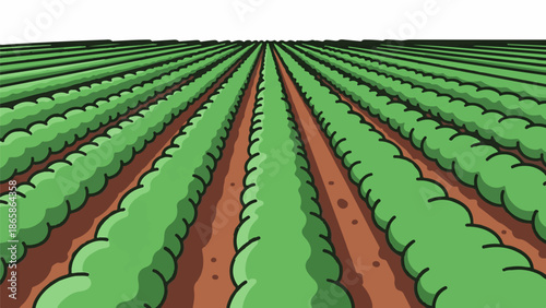 A stylized, low-angle view of endless rows of lush green crops stretching toward a white horizon