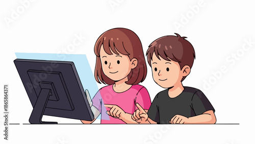 Two children, a girl and a boy, engaged with a digital tablet, pointing at the screen