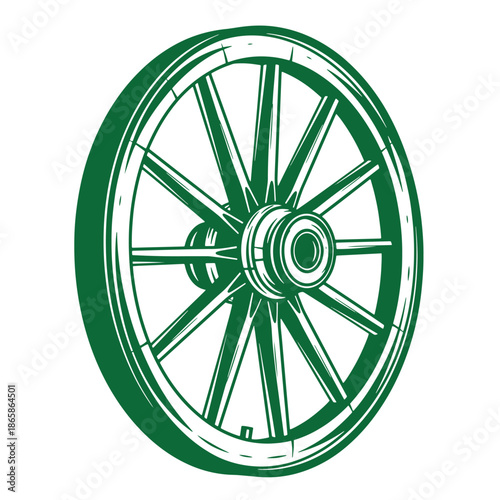 Green wagon wheel with spokes isolated on white background