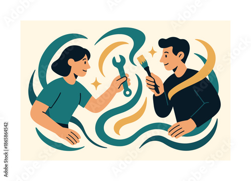 Synergistic Tool Exchange. Creative duo flow. Two people exchanging tools mid-motion; swirling abstract shapes linking their movements. Warm glints signaling