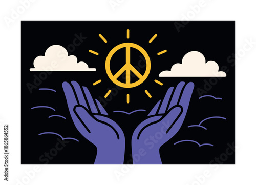 Heavenly Gift Symbol. Heaven?s quiet gift. A small bright symbol descends onto open palms; soft curves radiate peace. Subtle clouds part in the background.