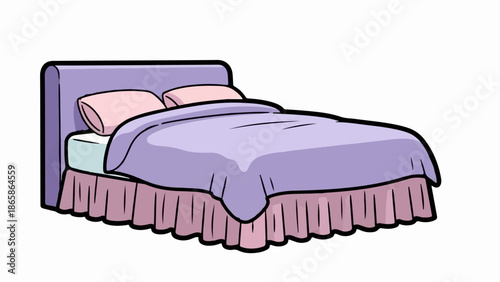 A cartoon-style drawing of a lavender bed with pink pillows and a ruffled pink skirt