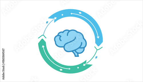 A light blue brain icon at the center of a circular process with blue and green arrows, symbolizing continuous thought and cognitive cycles.