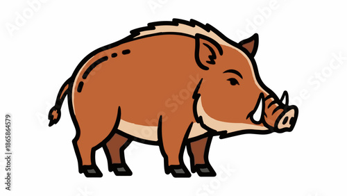 Cartoon wild boar standing sideways with tusks and a bushy tail