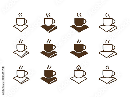 Bedside Cozy Icons. A warm cup of tea or milk by the bedside. Icon set. Set Logo of a warm cup of tea or milk by the bedside: cozy blanket corner + mug.