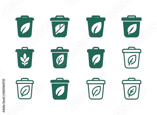 NGO Waste Management Icons. The role of NGOs in waste management. Icon set. Set Logo of The role of NGOs in waste management: waste bin with leaf emblem.