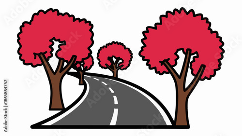 A winding road curves through a scene with stylized trees bearing bright red foliage