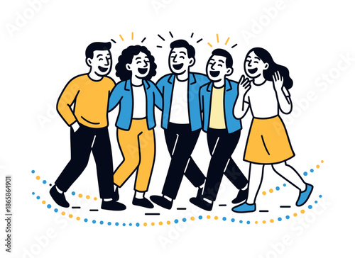 Shared Laughter Journey. Moments of joy. A group walking together breaks into shared laughter; floating dots trace their steps. Mood feels light and bright.
