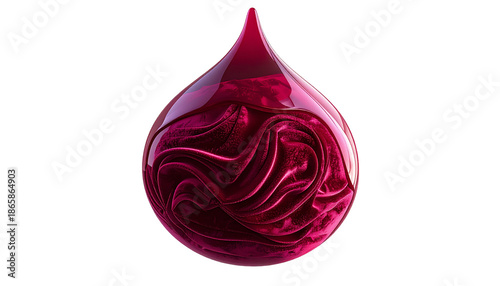 Glossy, reflective drop of deep red fluid against a stark black backdrop