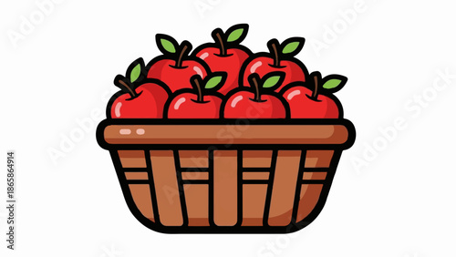 A brimming basket filled with plump, vibrant red apples, each adorned with a single green leaf