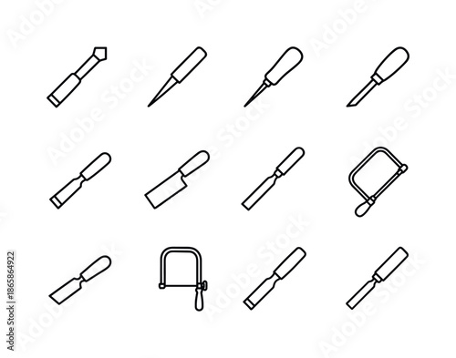 Sharp Tools Icons. Sharp tools. Line icon set of Sharp tools: stone chisel, metal punch, scribe tool, marking knife, dovetail saw, fine tooth saw, flush cut