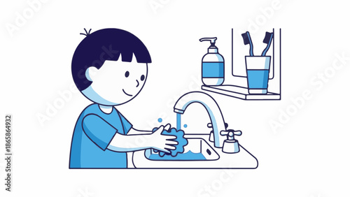 A cheerful child washes their hands with a scrubby sponge and bubbly water at a sink, with soap and toothbrushes nearby