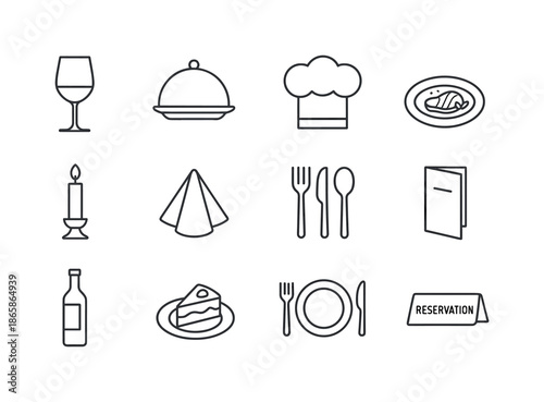 Fine Dining Icons. Fine dining. Line icon set of Fine dining: wine glass, cloche lid, chef hat, plated dish, candlelight, folded napkin, cutlery set, menu