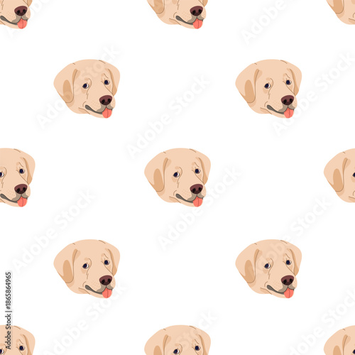 Labrador retriever head, seamless pattern. Cute lab dog, endless background, repeating canine animal print for textile, fabric, wrapping paper design. Printable repeatable flat vector illustration