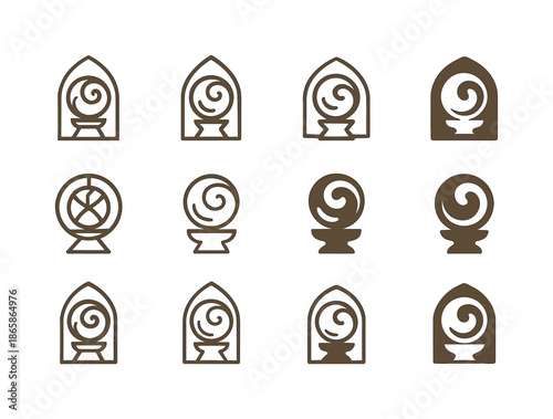 Mystical Relics Icons. ancient relics. Icon set. Set Logo of ancient relics: mystical orb. harmonious logo variations of the same emblematic concept, each with