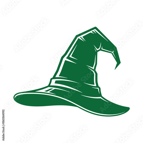 Green wizard hat with pointed top and wide brim isolated on transparent background