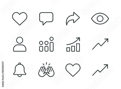User Engagement Icons. User engagement metrics. Line icon set of user engagement metrics: likes, comments, shares, views, followers, reach icon, impression