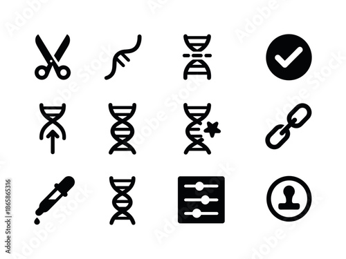Gene Editing Icons. Gene editing. Solid icon set of Gene editing: CRISPR scissors, guide RNA, DNA target site, edit marker, insertion arrow, deletion dash,