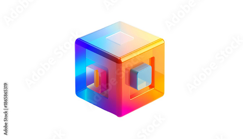 Isometric cube, iridescent color gradient, 3D design, abstract form