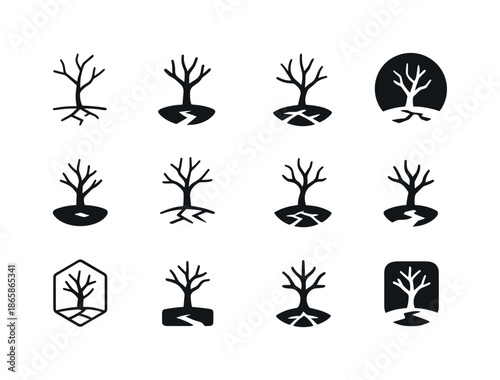 Desertification Logo Set. Desertification. Icon set. Set Logo of desertification: lone dry tree. harmonious logo variations of the same emblematic concept,
